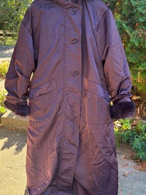 Linda Lundstrom La Parka Wool Coat Plum Purple Faux Fur Full Length Large